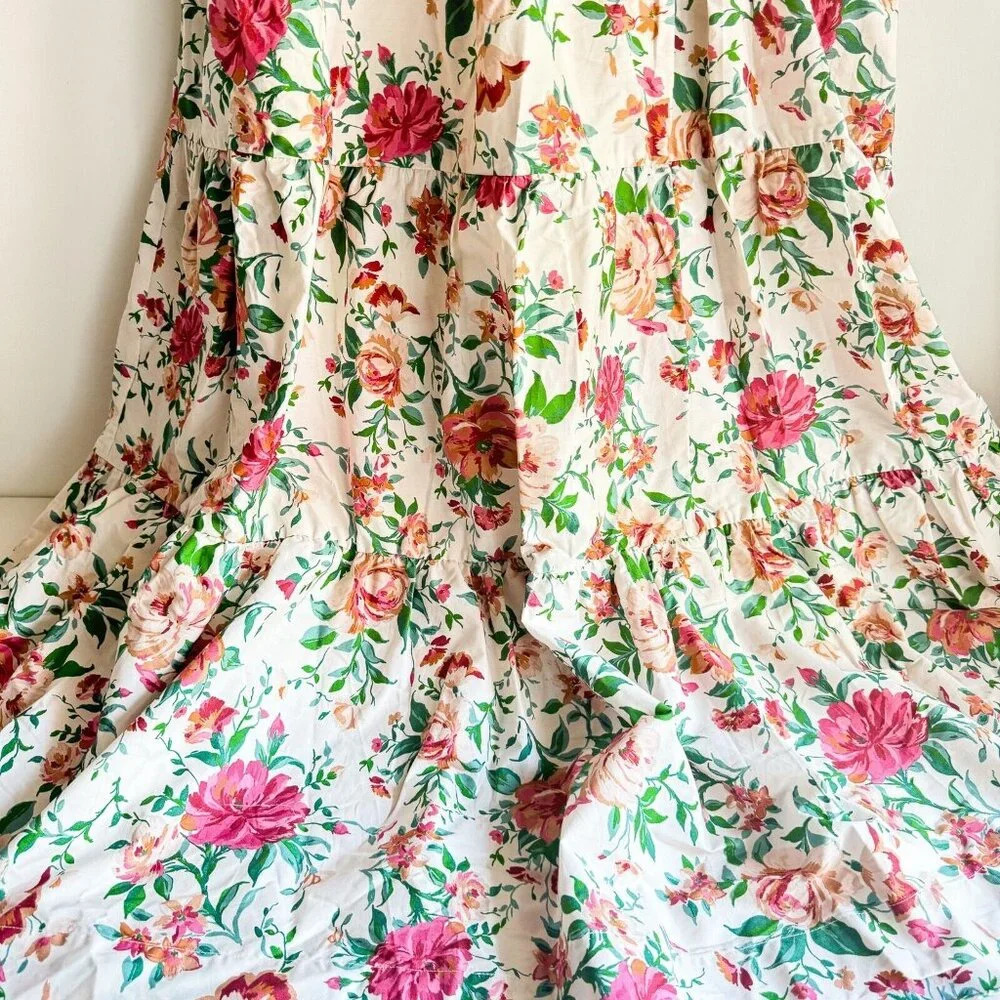Anthropologie White Floral Puff-Sleeve Maxi Dress with Pink & Green Print - Picture 4 of 8